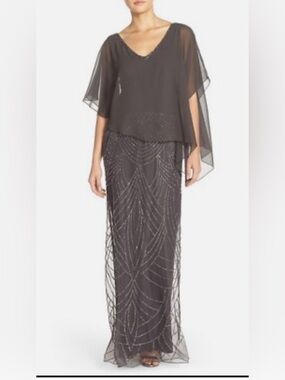 J Kara Charcoal Beaded Mesh Maxi dress